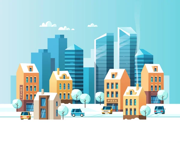 Urban Vinterlandskap Snöiga Street Vektorillustration — Stock vektor