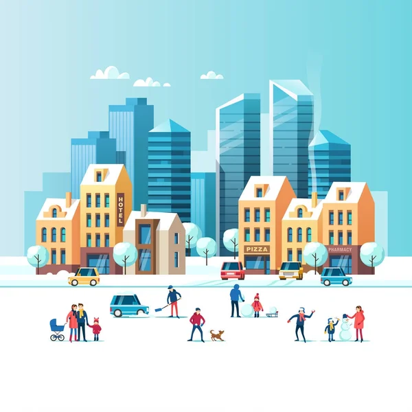 下雪的街道 城市冬季景观与人 现代摩天大楼和传统的城市房屋 矢量插图 — 图库矢量图片
