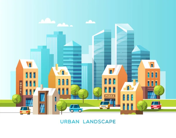 Paesaggio Urbano Estivo Città Con Grattacieli Edifici Tradizionali Case Alberi — Vettoriale Stock