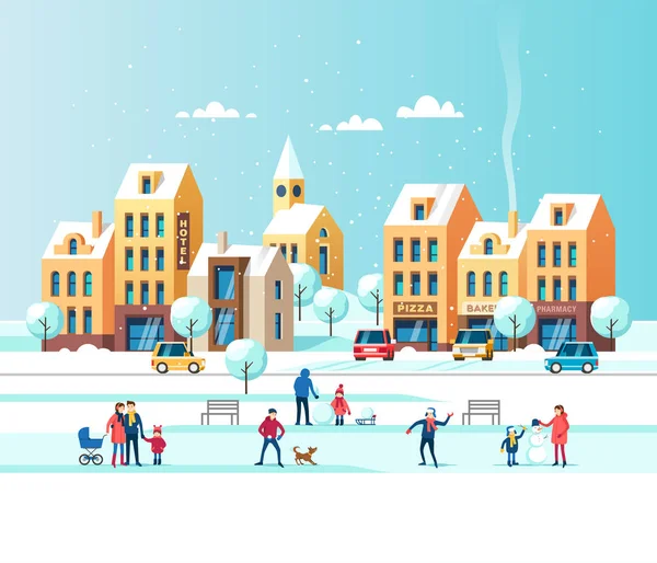 Χιονισμένη Πόλη Αστική Χειμερινό Τοπίο Τους Ανθρώπους Στο Πάρκο Εικονογράφηση — Διανυσματικό Αρχείο