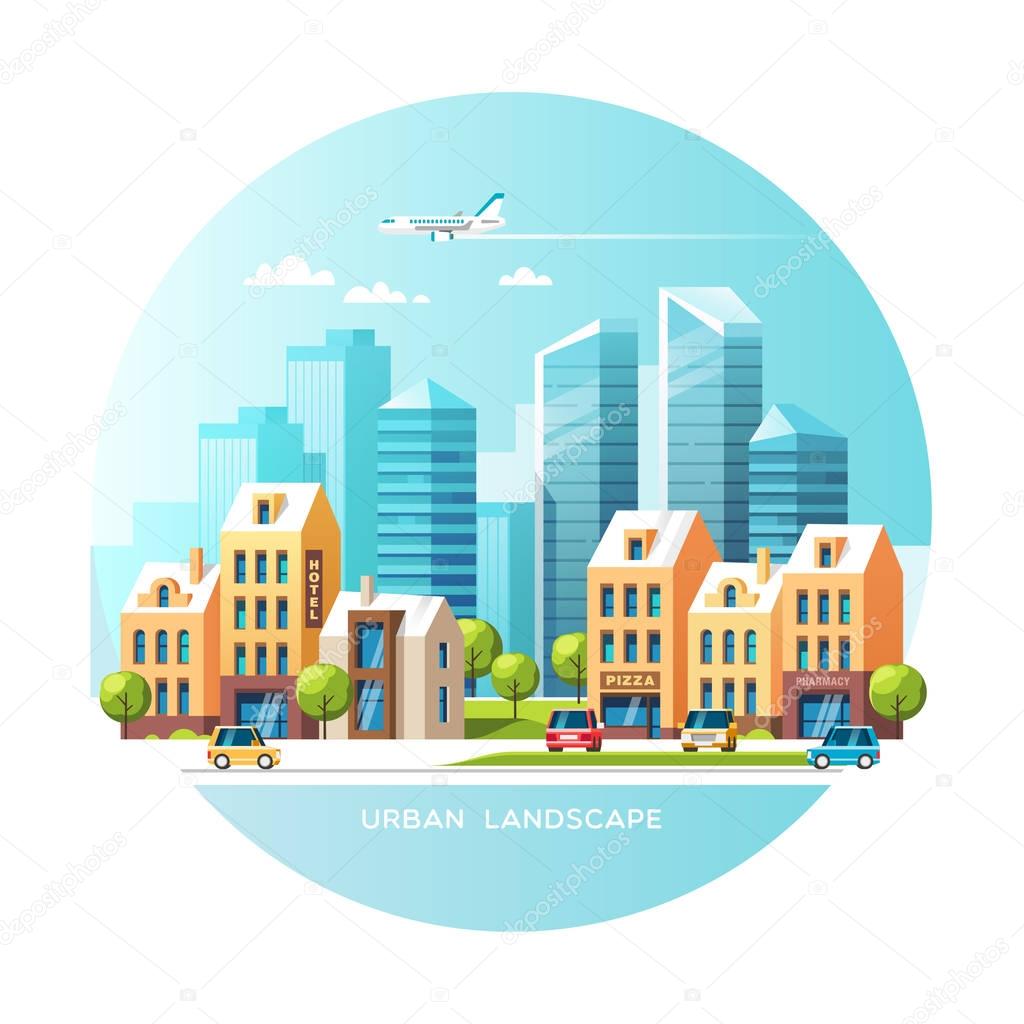Cityscape. City with skyscrapers and traditional buildings and houses, trees, cars. Vector illustration.