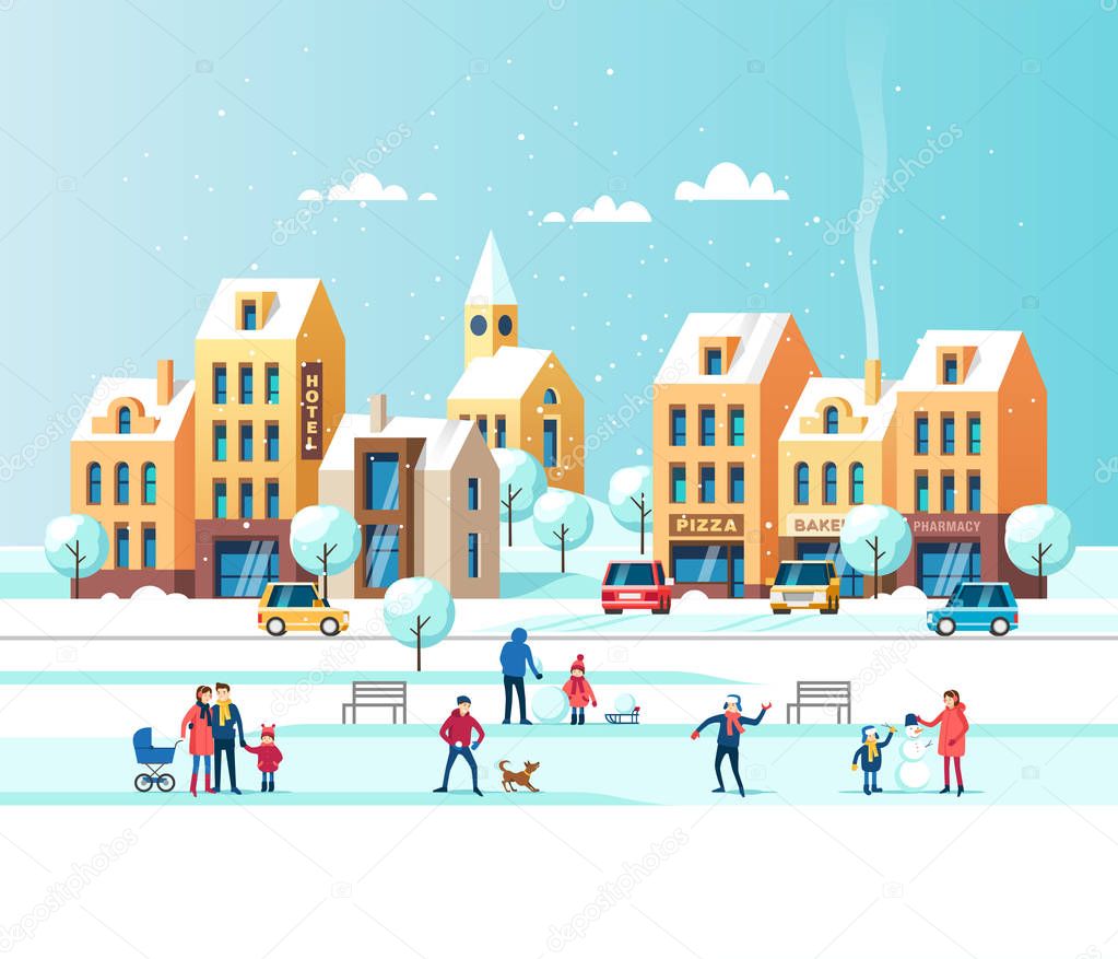 Snowy city. Urban winter landscape with people in park. Vector illustration.