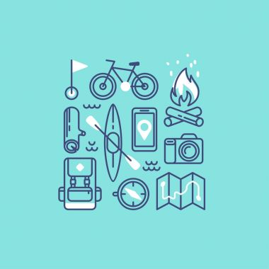 Simgeler ve semboller kamp, hiking ve Açık Rekreasyon için kümesi. Vektör çizim.