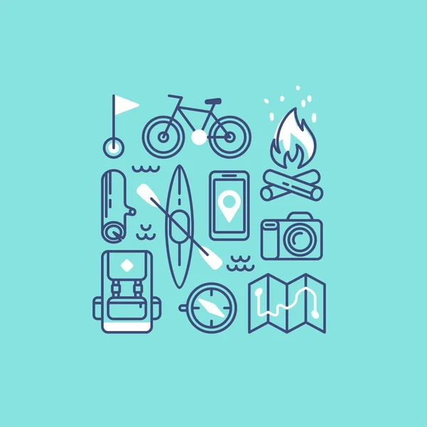 Set of icons and symbols for camping, hiking and outdoor recreation. Vector illustration.