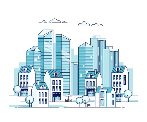 Cityscape. Gökdelenler ve geleneksel binalar ve evler ile şehir. Doğrusal vektör çizim.