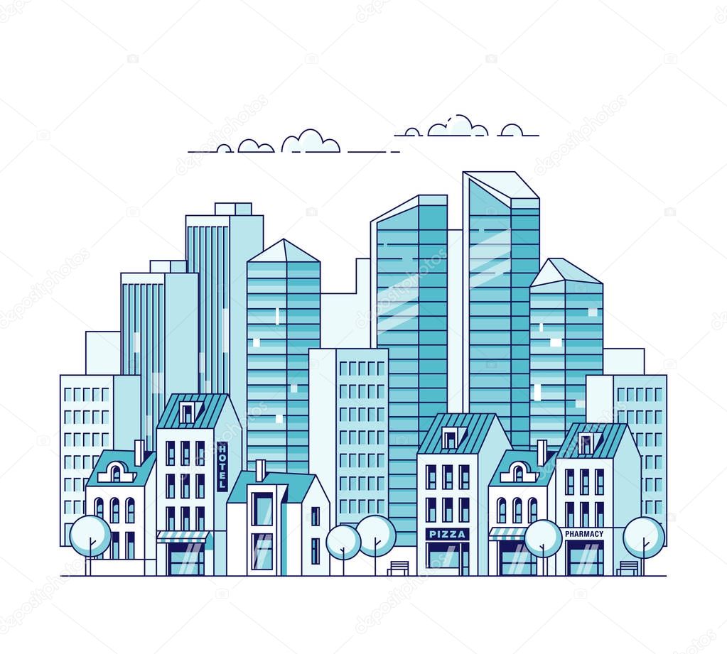 City landscape. Real estate and construction business concept with houses. Vector illustration.