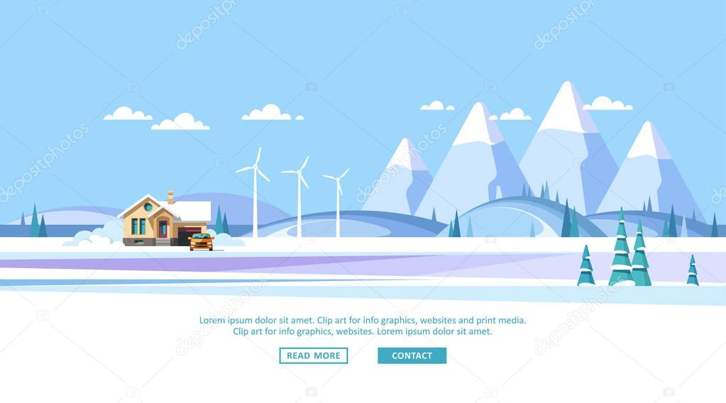 Winter rural landscape background with traditional family house. Vector illustration.
