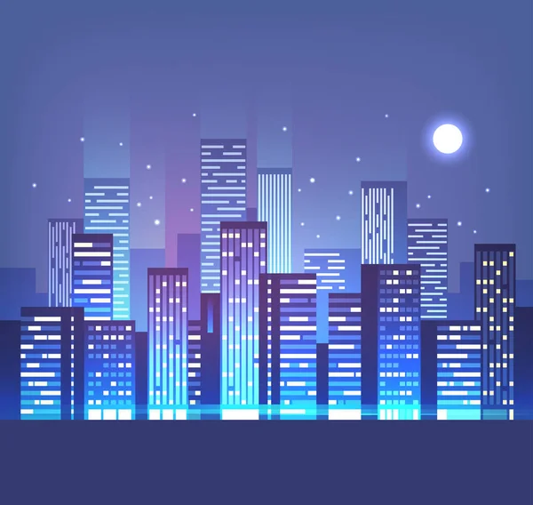 Neon ışıkları ile gece şehir manzarası. Modern şehir. Vektör çizim.