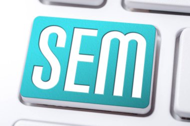 Aqua SEM Search Engine Marketing Button On A White Keyboard, Business Concept