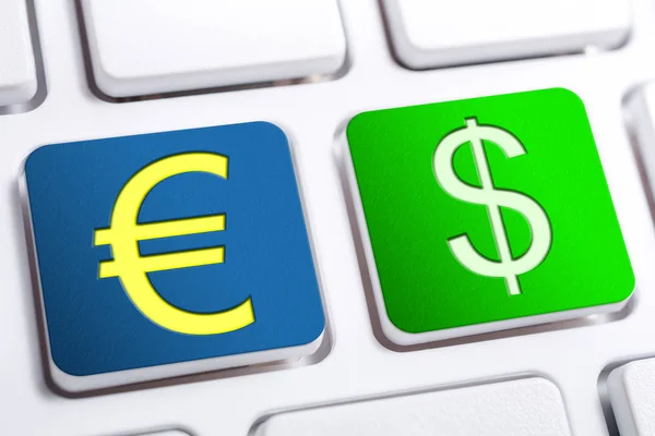 Euro and Dollar Currency Signs On Blue And Green Keyboard Buttons