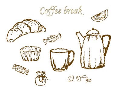 Vector Illustration Kahve molası, kahvaltı ve sabah ikonu menü tasarımı için ayarlandı. Kahvaltı ve brunchlar için koleksiyon. Özensiz, karalamalar, rozetler, beyaz arka plana çizilmiş siyah mürekkep eli..