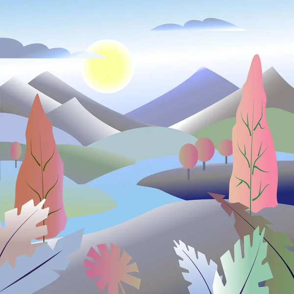 Paysage Nature Été Montagne Soleil Illustration Dans Style Plat Illustration — Image vectorielle