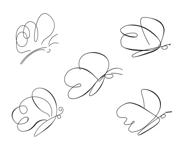 Set Butterflies Sketch Black Lines Vector Illustration Isolated White Background — 스톡 벡터