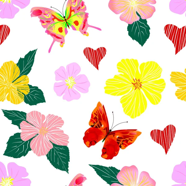 Seamless Pattern Decorative Flowers Hearts Butterflies Background Valentine Day Spring — 스톡 벡터