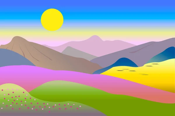 Paisaje Montaña Primavera Estilo Plano Moderno Paisaje Verano Con Colinas — Vector de stock