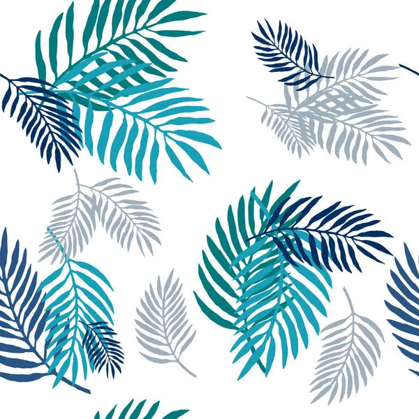 Seamless Pattern Stylized Blue Gray Palm Tree Leaves Isolated White — Stok Vektör