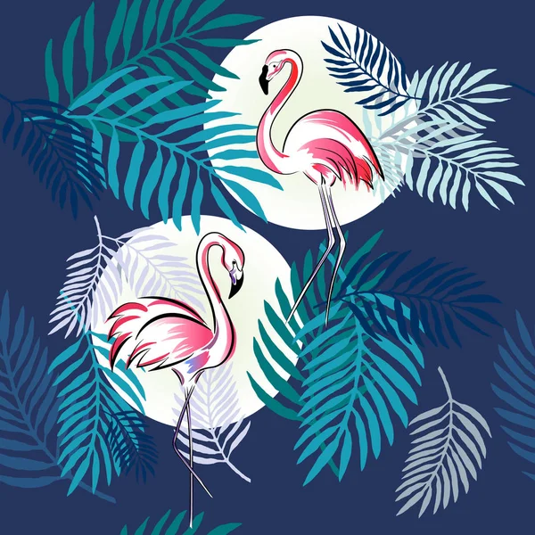 Seamless Pattern Pink Flamingos Birds Blue Palm Leaves Background Moon — Stok Vektör