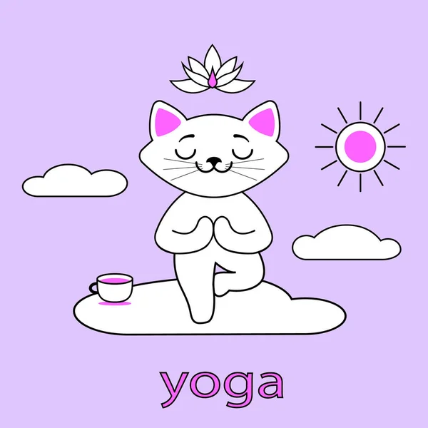 Lindo Gato Blanco Dibujos Animados Árbol Pose Concepto Yoga Por — Vector de stock