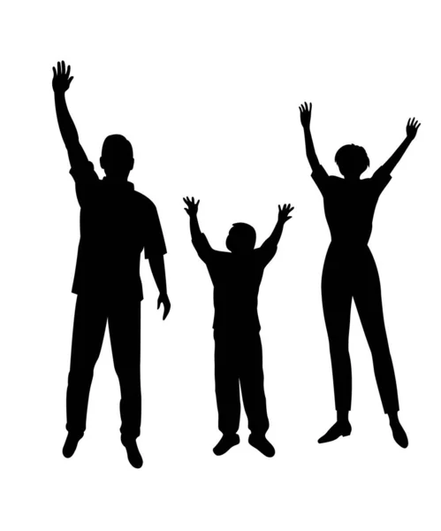 手を上げて家族よ手を上げて チャンピオンの家族だ 男と女と少年の黒いシルエット 白い背景に独立したベクターイラスト — ストックベクタ