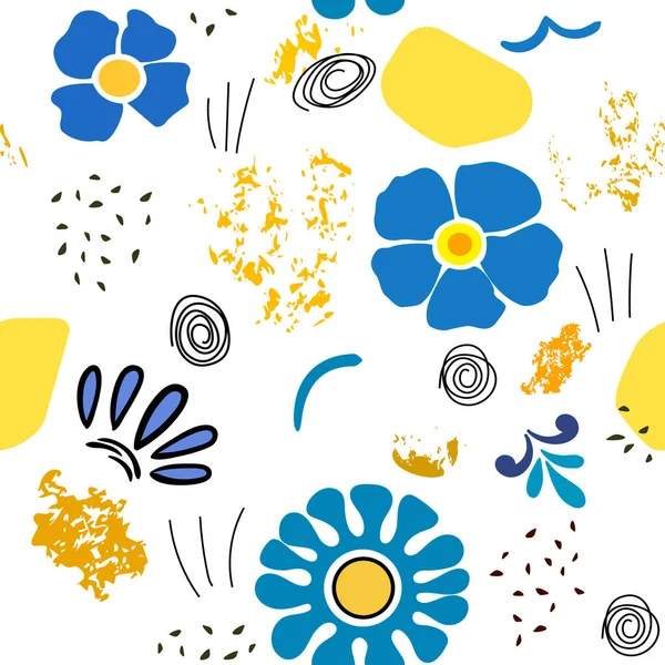 Nahtloses Muster Einfache Blumen Und Verschiedene Ovale Formen Blauen Gelbtönen — Stockvektor