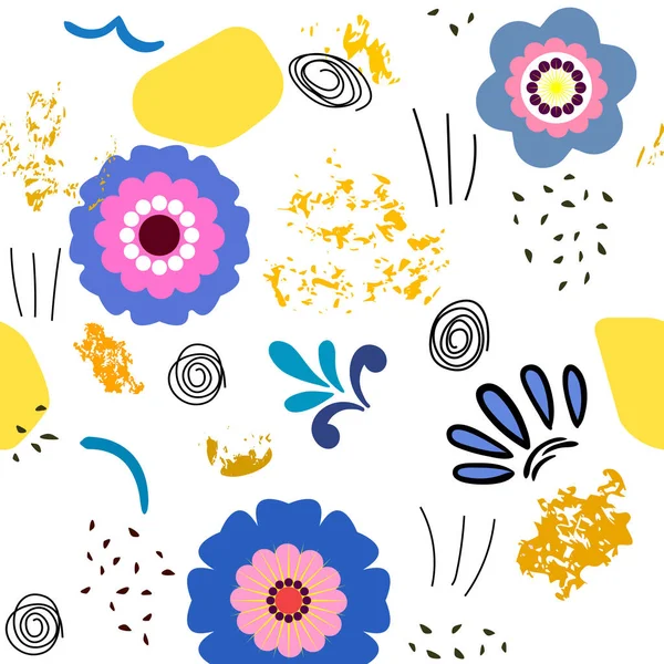 Zökkenőmentes Minta Egyszerű Virágok Különböző Ovális Formák Kék Sárga Tónusú — Stock Vector