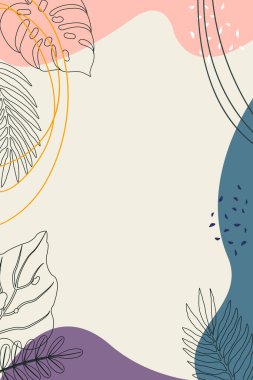 Metin, sıcak renkli akış şekilleri, tropikal palmiye yapraklarının hatları için basit modern tarzda bir yer dizayn şablonu. Düğün davetiyeleri için arka plan ve çerçeveler, sosyal medya duvar kağıtları