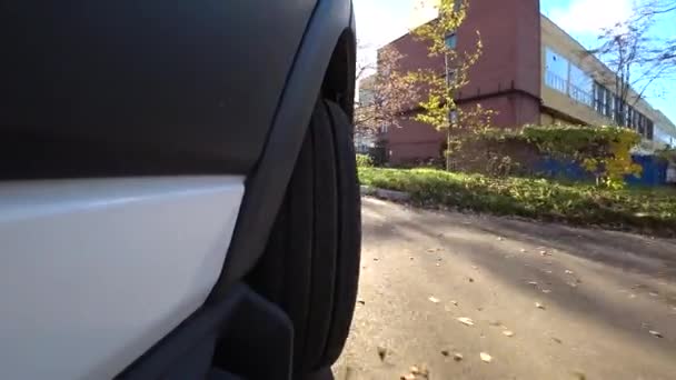 White Van Moving Industrial Area Sun Shining Bright Car Turning — Stock Video