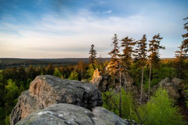 Gün doğumunda kayaların ve ormanın üzerine düşen güneş ışınları