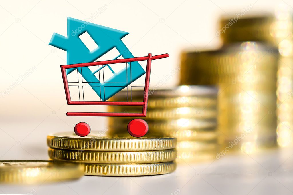Consumer cart and house on a background of money .