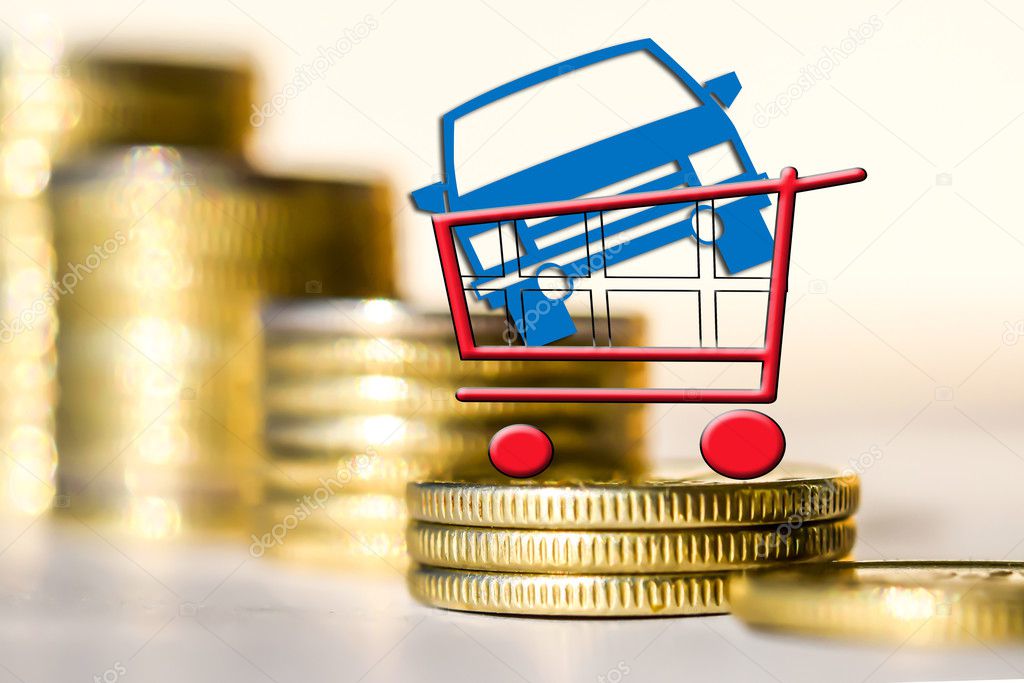 Car and shopping cart on background of money .