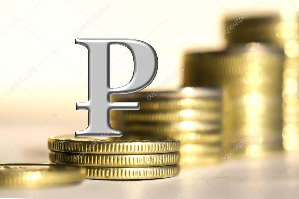 The symbol of the ruble on the background of bars coins . 