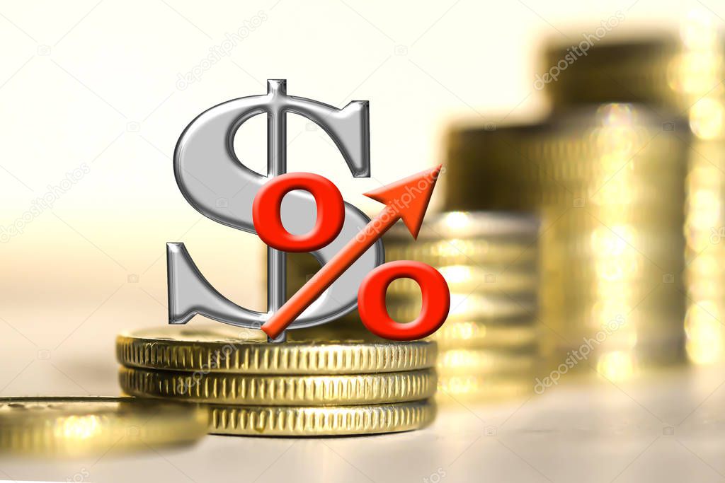 The symbol of the dollar and the percent of the background bars coins . 