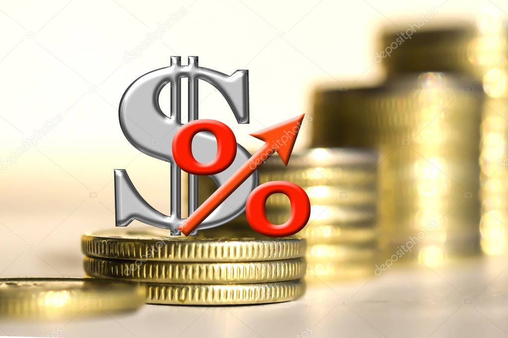 The symbol of the dollar and the percent of the background bars coins . 