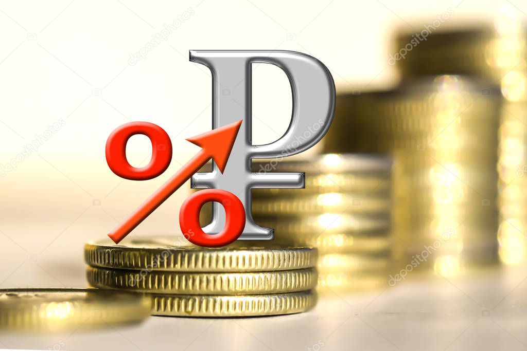 The symbol of the ruble and the percentage of the background bars coins .