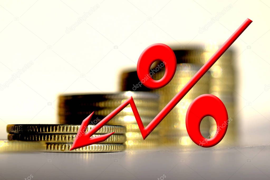 Red percent sign on a background of money . 