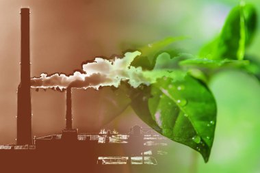 Industrial factory chimneys on background of green plants .  clipart