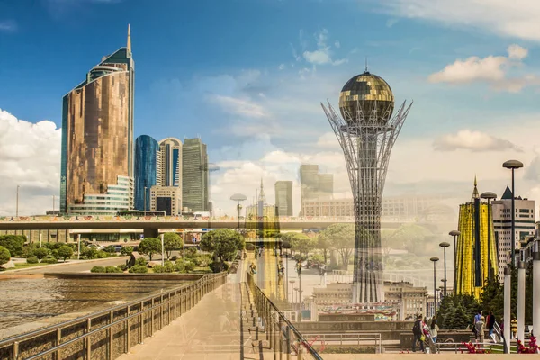 Astana. Nurzhol Boulevard. Bela vista do monumento Bayterek. Colagem  . — Fotografia de Stock