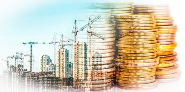 Panorama of the building in the background money . The concept of changes in housing prices clipart