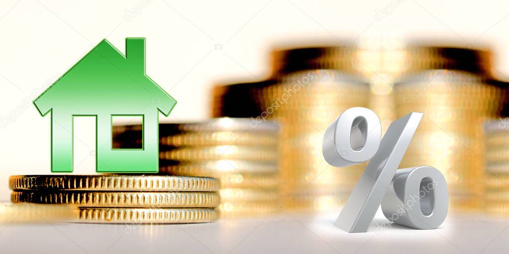The percent symbol on the background of bars coins . The concept of mortgage lending .