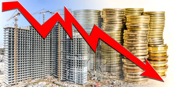 Freccia Rossa Sullo Sfondo Costruzione Denaro Concetto Crisi Nel Settore — Foto Stock