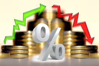 Paranın arka planında oklar ve yüzde işareti var. Finansal istikrar değişimi kavramı .