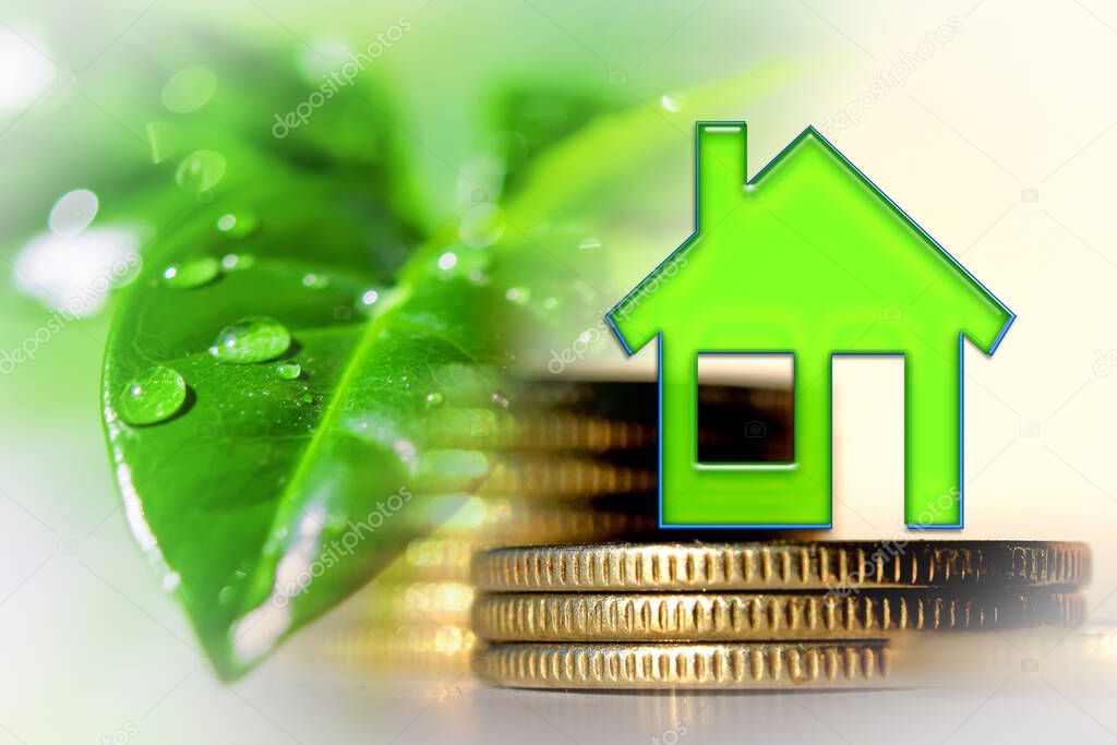 Real estate symbol on a green plant background . Concept of ecological construction .