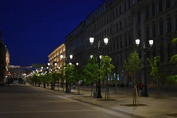 Lampadaires Arbres Dans Rue Nuit Saint Pétersbourg — Photo