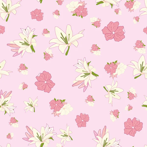 ヴィンテージシームレスパターンユリベクトルイラストピンクの花 — ストックベクタ