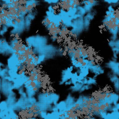 Siyah arkaplan üzerinde grunge deseni mavi ve gri renkli soyut dikişsiz desen.