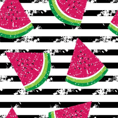       Bir parça sulu karpuz, siyah çizgili ve grunge desenli. Kusursuz desen