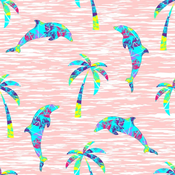 Delfines Palmeras Con Elementos Geométricos Rayas Blancas Rosadas Patrón Sin — Vector de stock