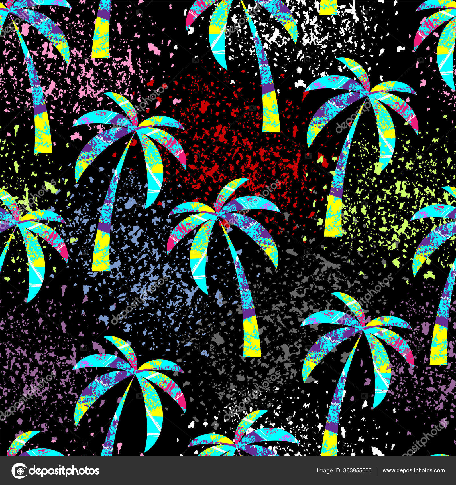 Multicolored Palm Trees Black Background Spray Effect Abstract Seamless