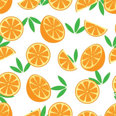 Kusursuz desenli, turuncu meyveli ve yeşil yapraklı beyaz arka planda..