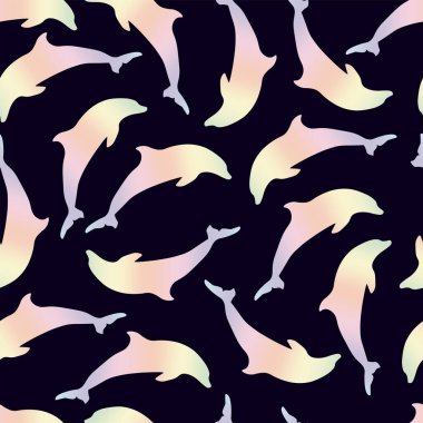 Koyu mavi arka planda renkleri değişen yunuslar. Kusursuz desen.